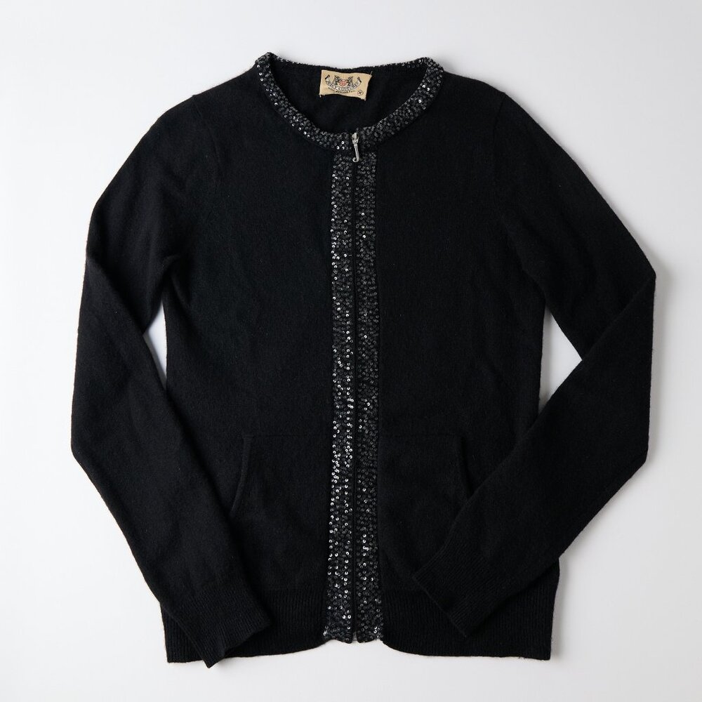 Vtg Y2K 2005 Juicy Couture Cashmere Zip Cardigan M Black Sequin Heiress Knit
